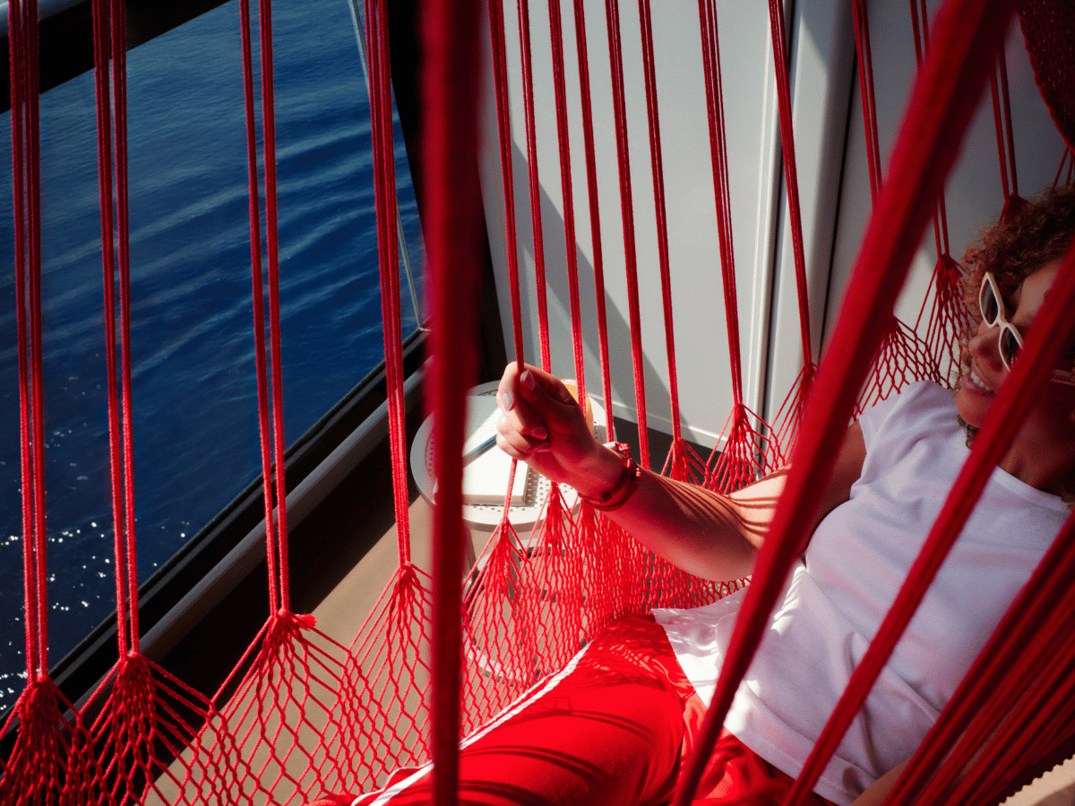 Relaxing in the famous red hammock